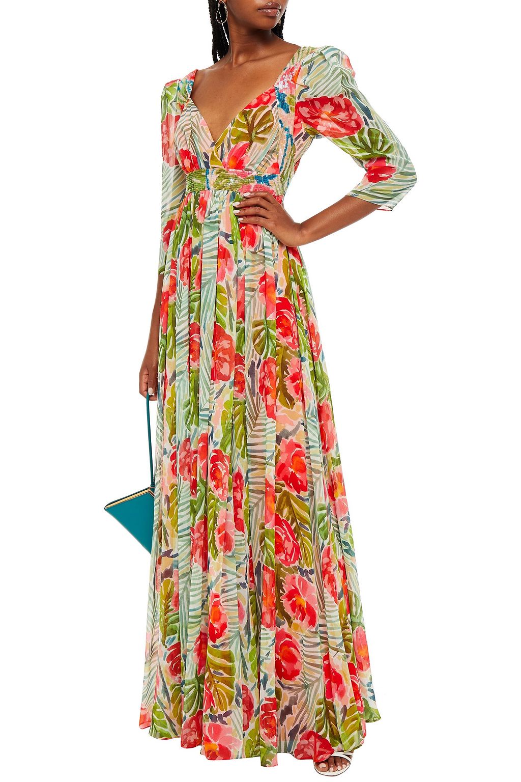 BADGLEY MISCHKA Sequin-embellished floral-print crepe de chine maxi dress