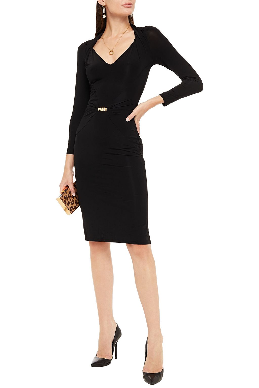ROBERTO CAVALLI Embellished pleated stretch-jersey dress