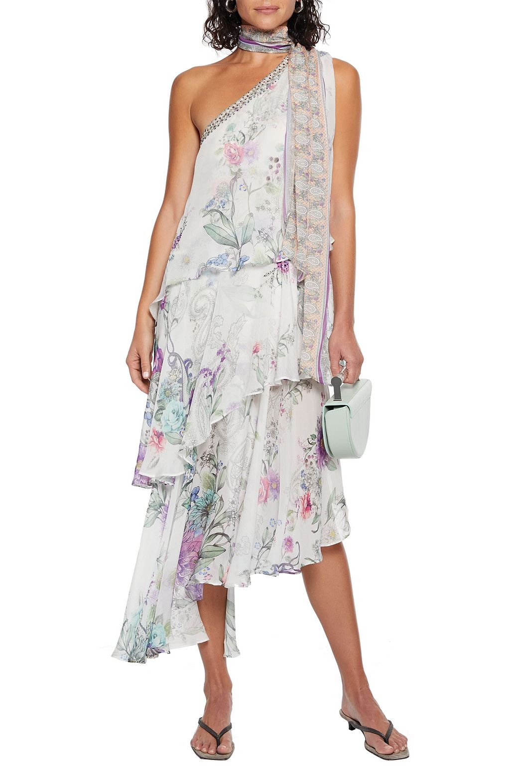 CAMILLA One-shoulder tiered crystal-embellished floral-print silk-chiffon midi dress