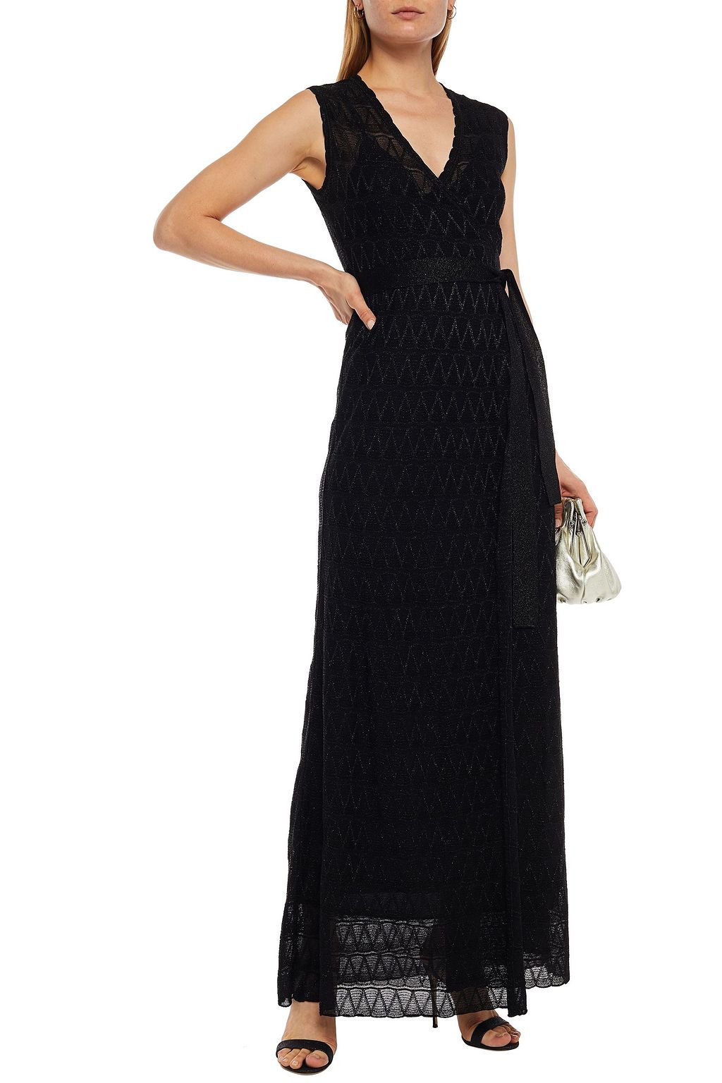 M MISSONI Scalloped metallic crochet-knit maxi wrap dress