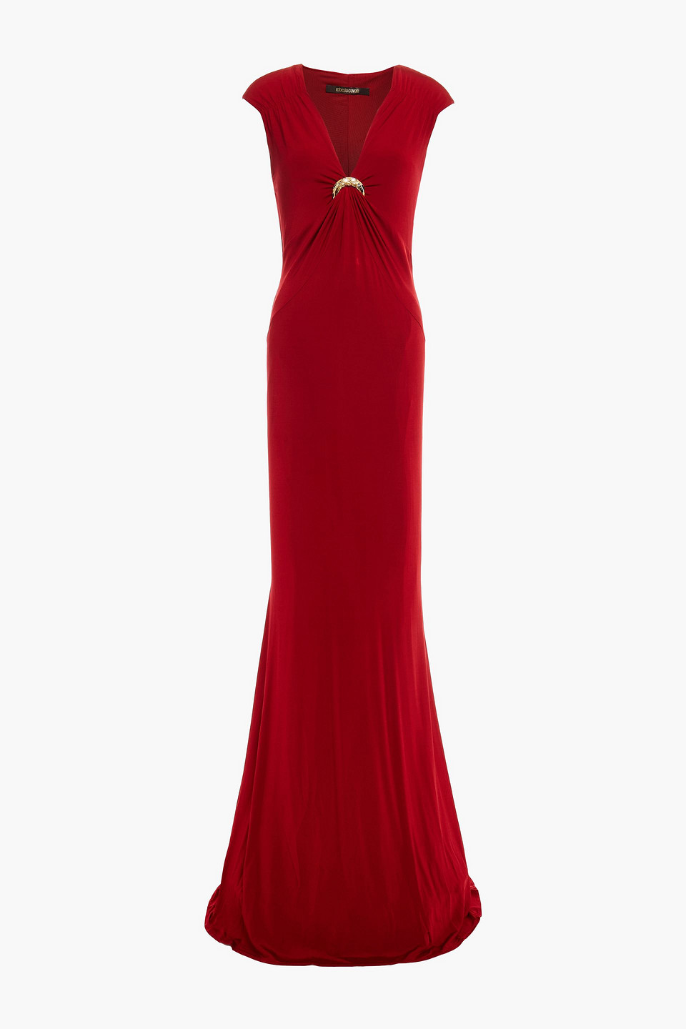 roberto cavalli - appliquéd ruched stretch-jersey maxi dress - red - it 40