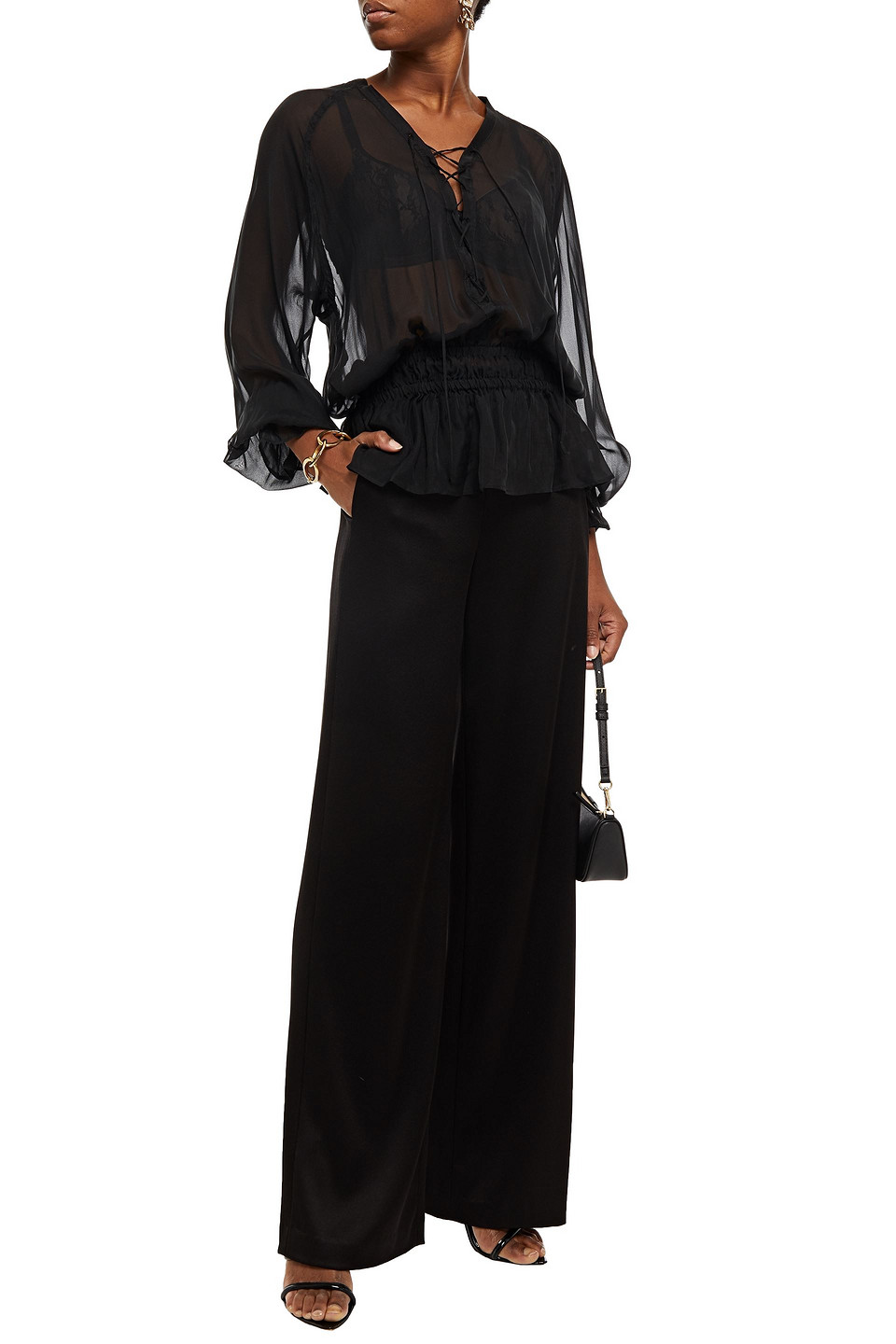 Roberto Cavalli Embellished Gathered Silk-chiffon Blouse In Black