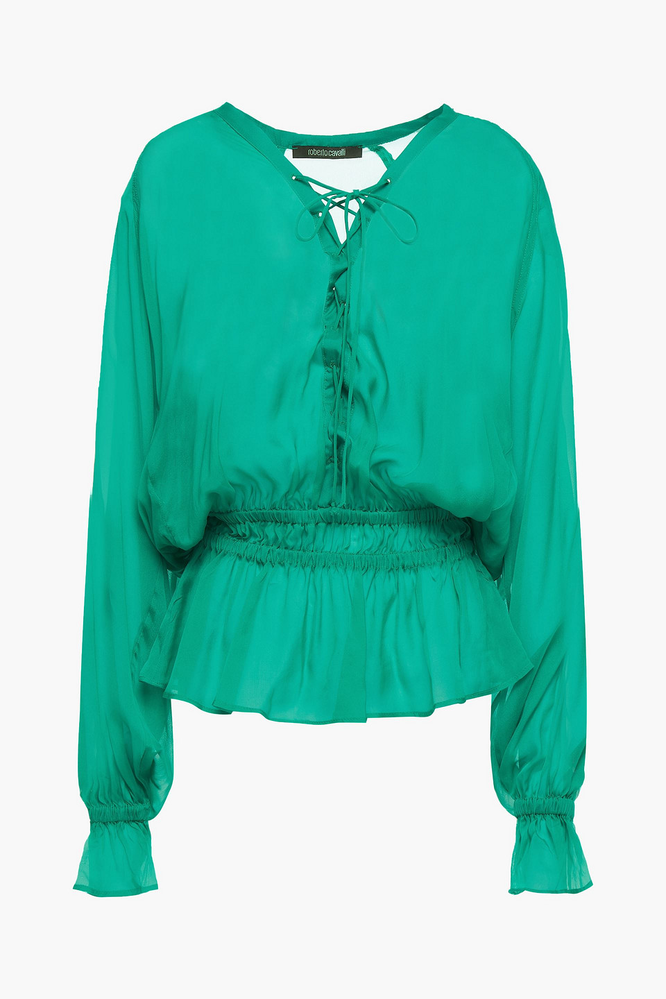 Embellished gathered silk-chiffon blouse