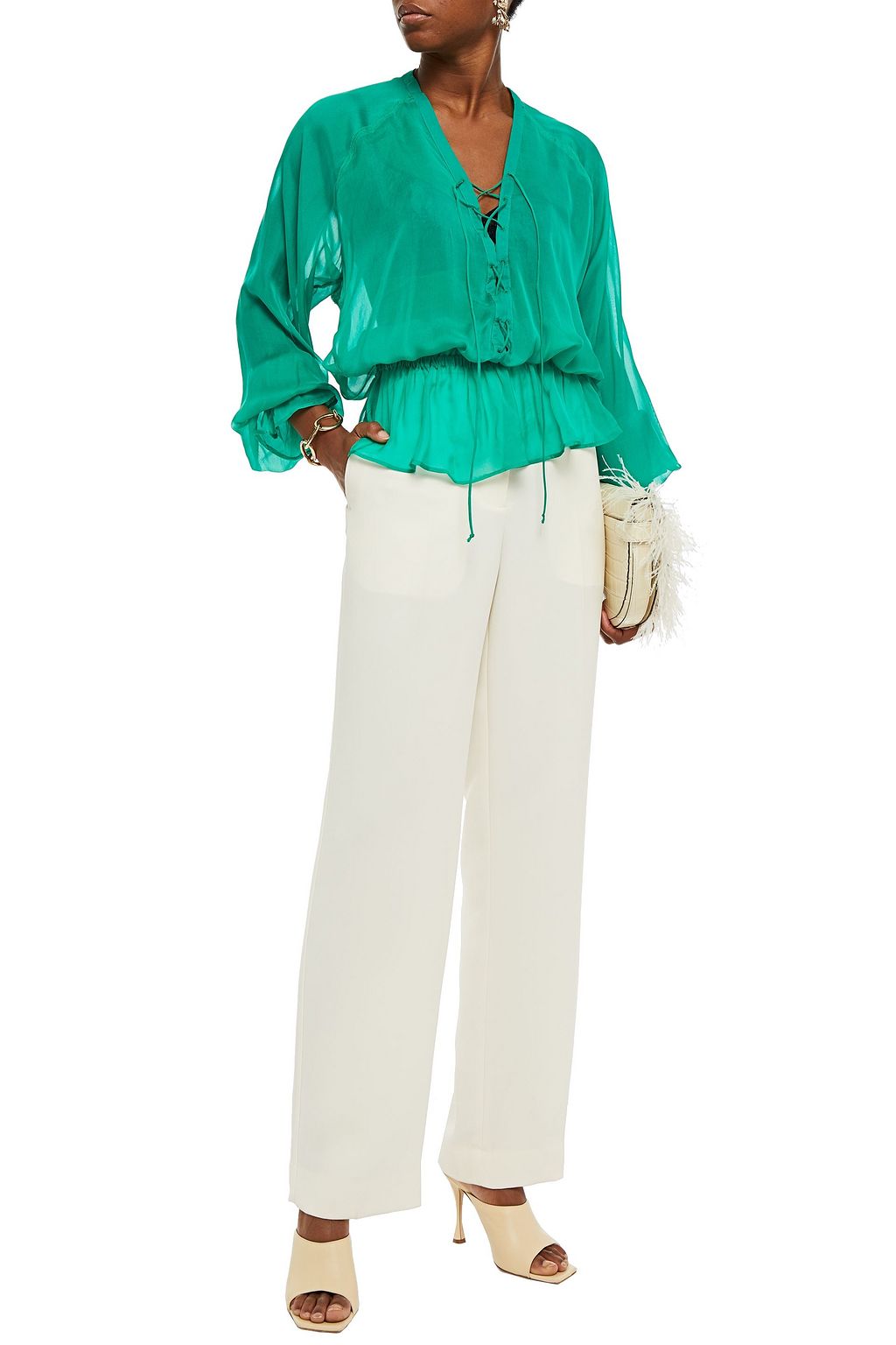 ROBERTO CAVALLI Embellished gathered silk-chiffon blouse