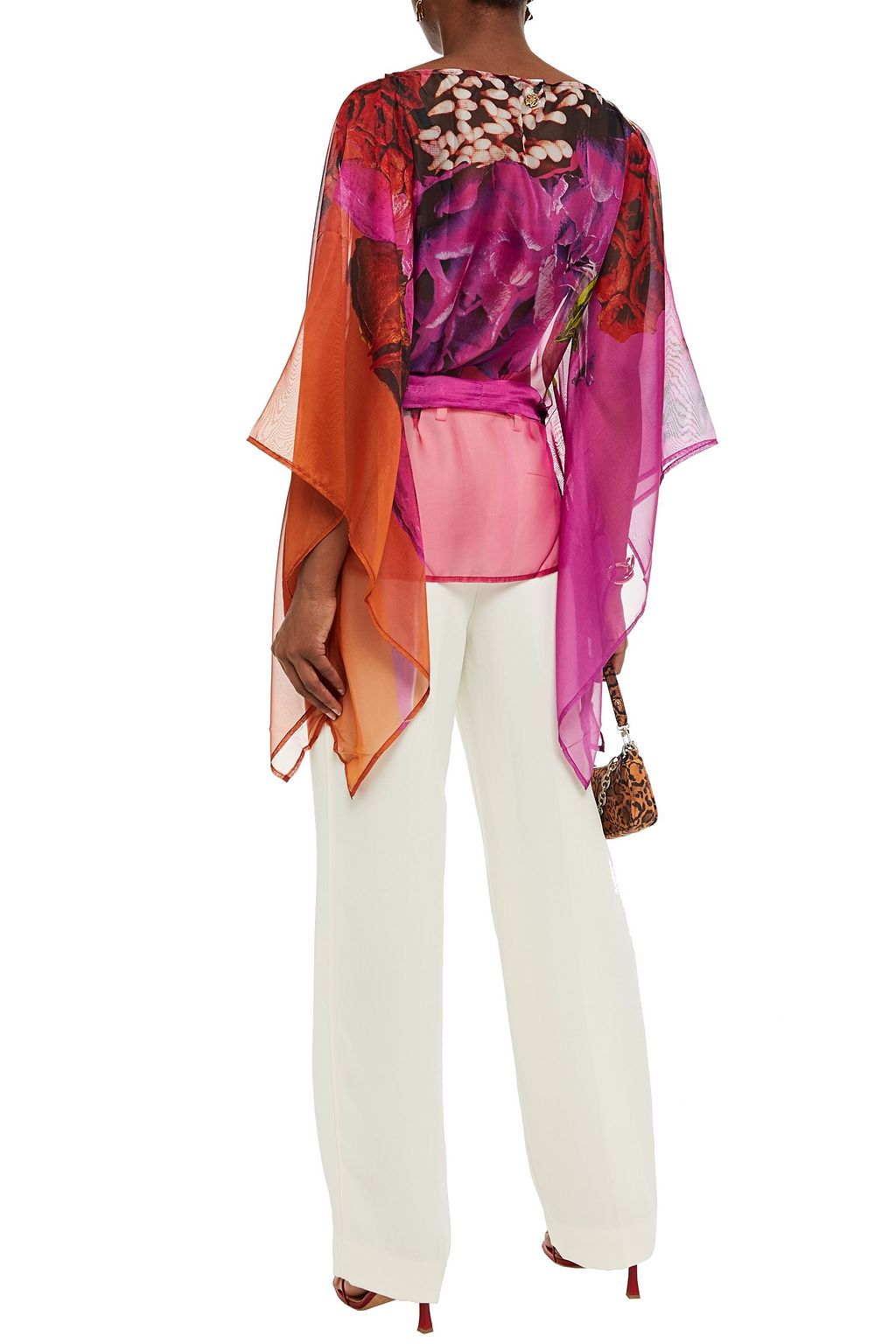 ROBERTO CAVALLI Belted embellished floral-print chiffon top