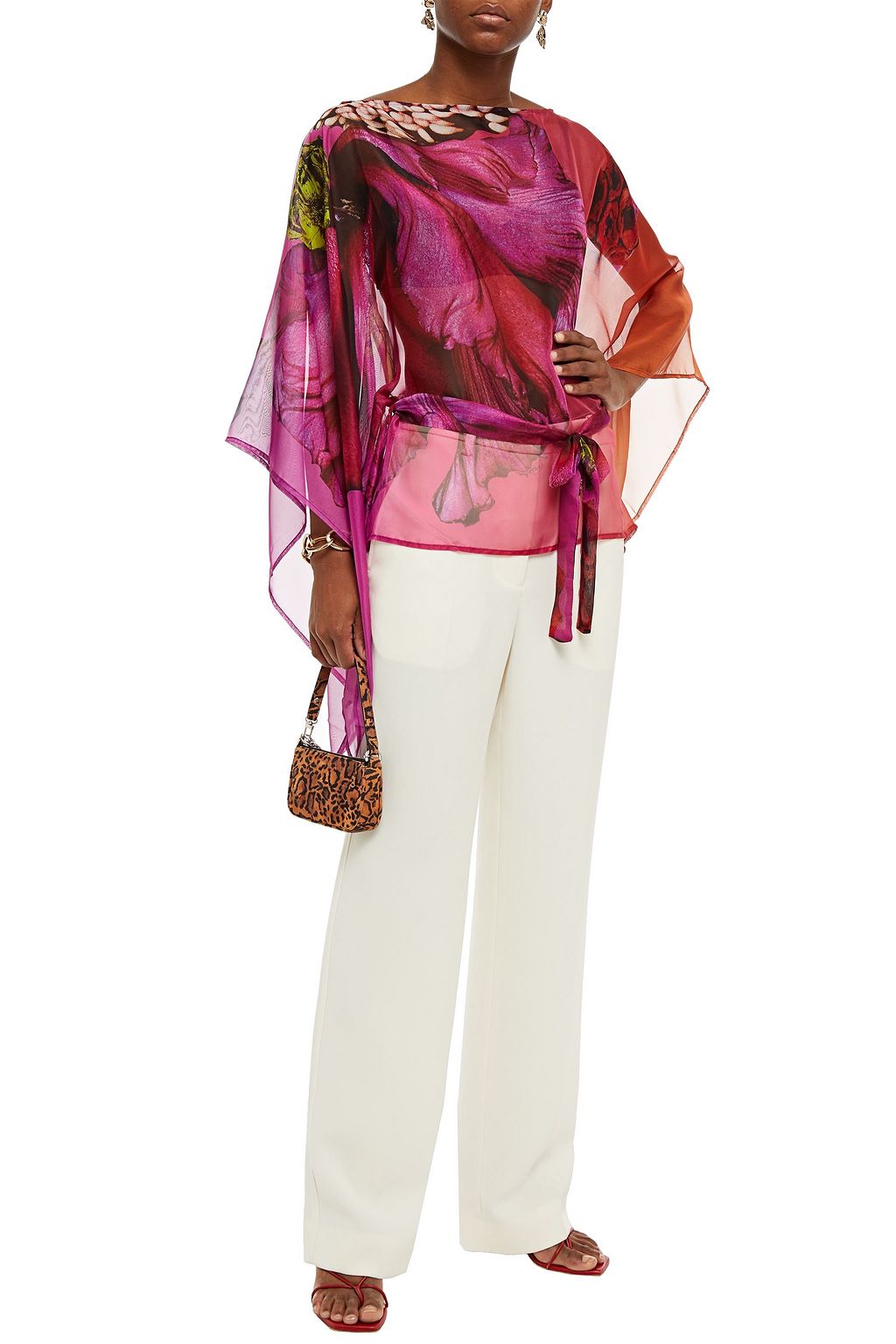 ROBERTO CAVALLI Belted embellished floral-print chiffon top