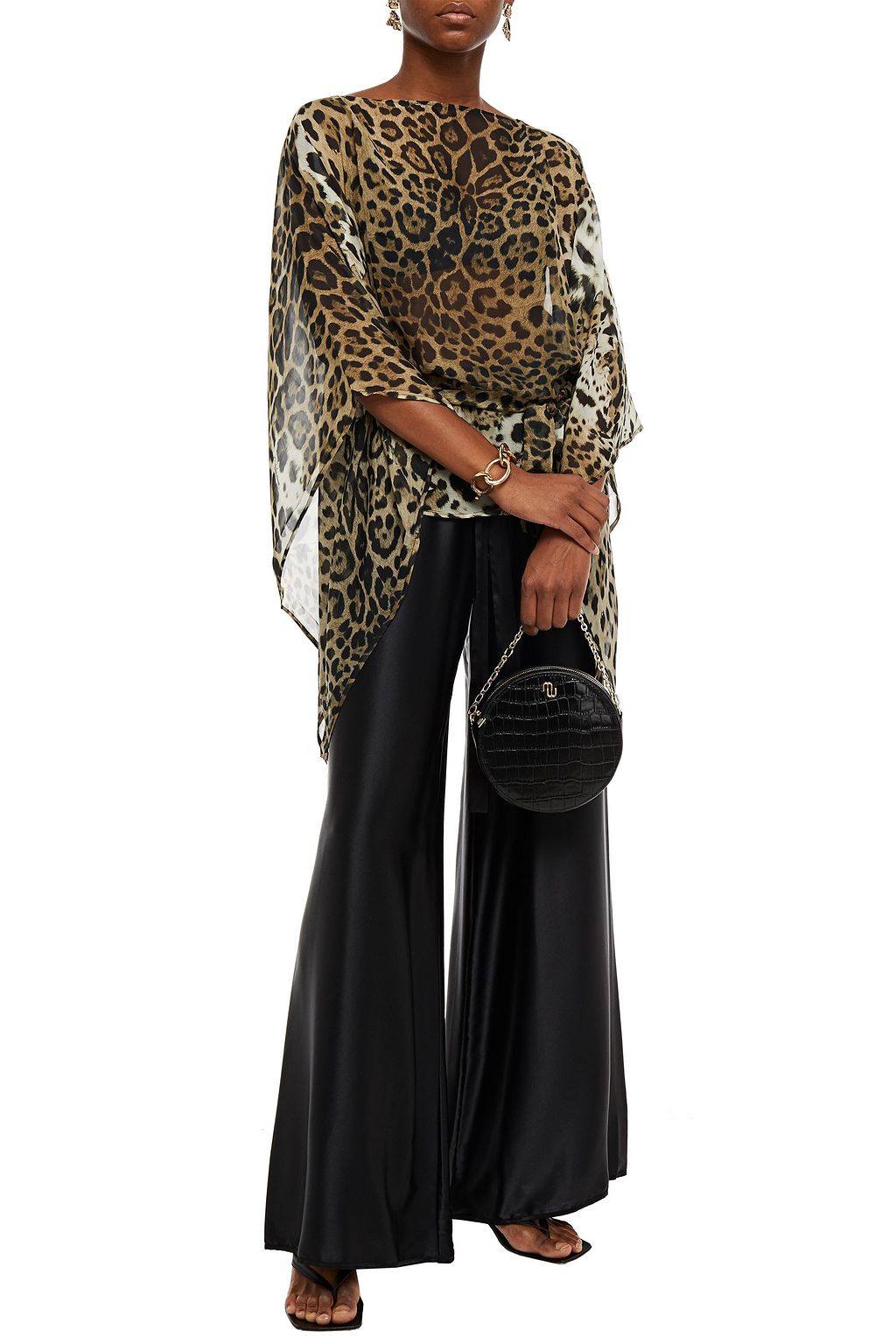 ROBERTO CAVALLI Belted embellished leopard-print silk-chiffon top