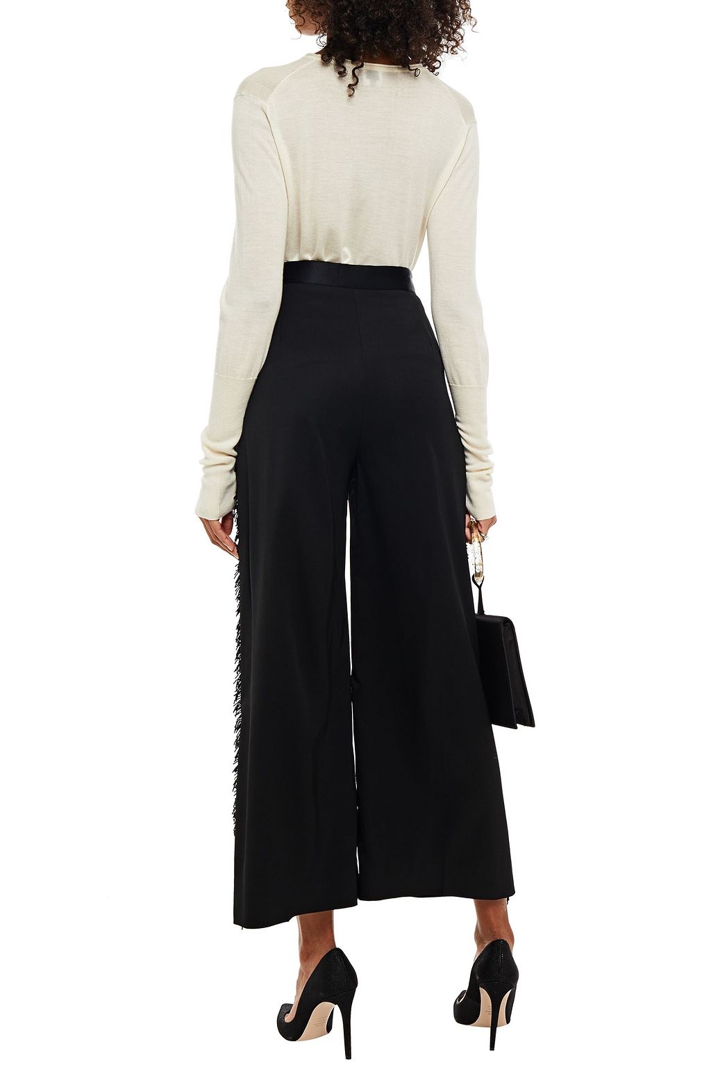 ST. JOHN Bead-embellished satin-twill wide-leg pants