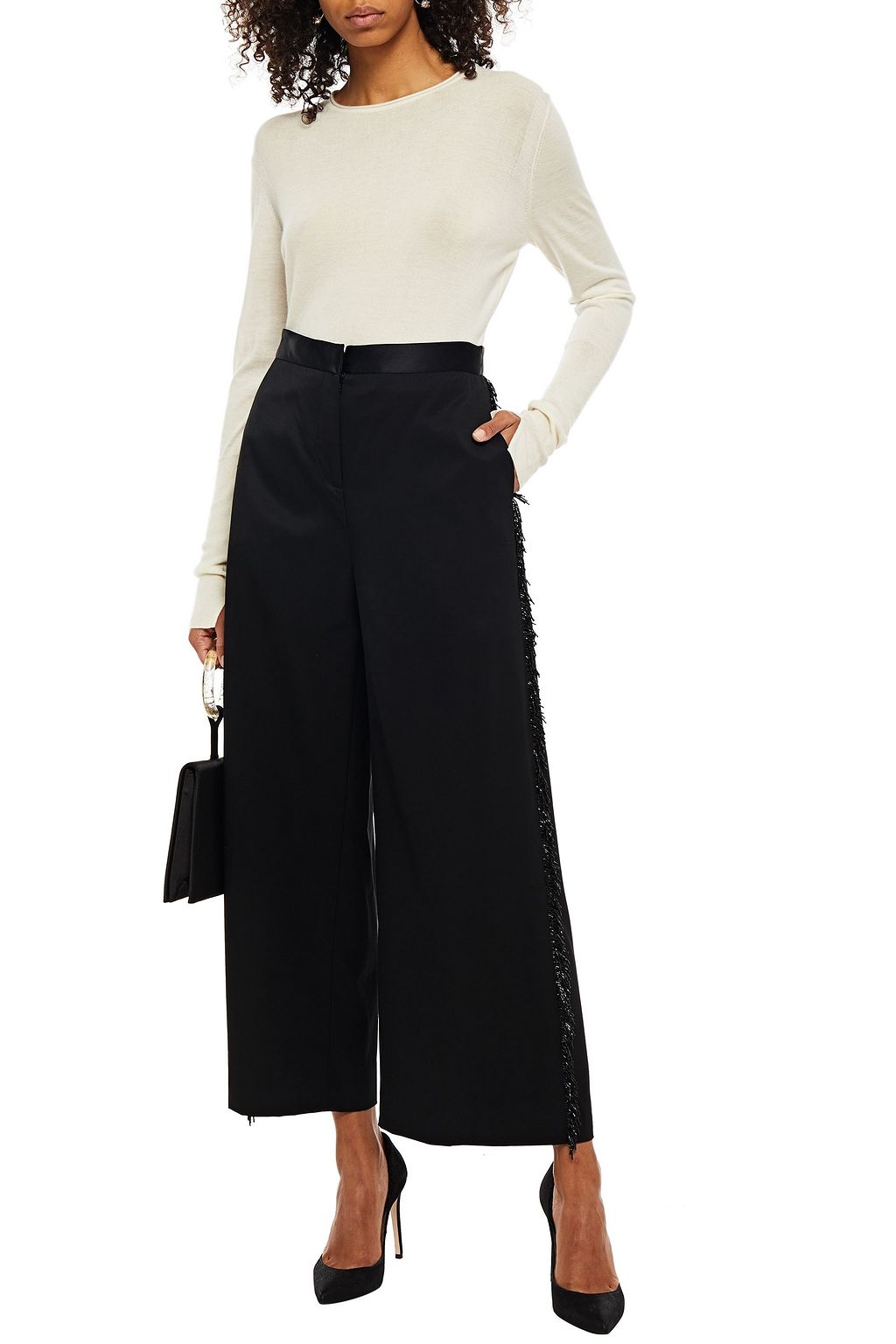 ST. JOHN Bead-embellished satin-twill wide-leg pants