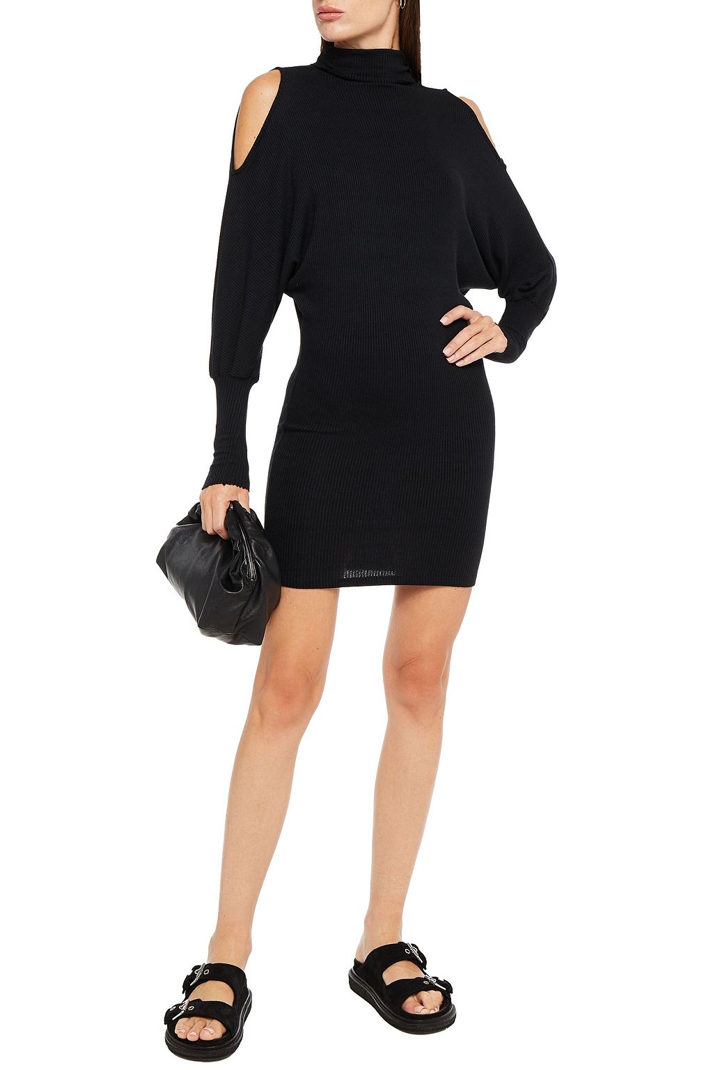 ENZA COSTA Cold-shoulder ribbed-knit turtleneck mini dress