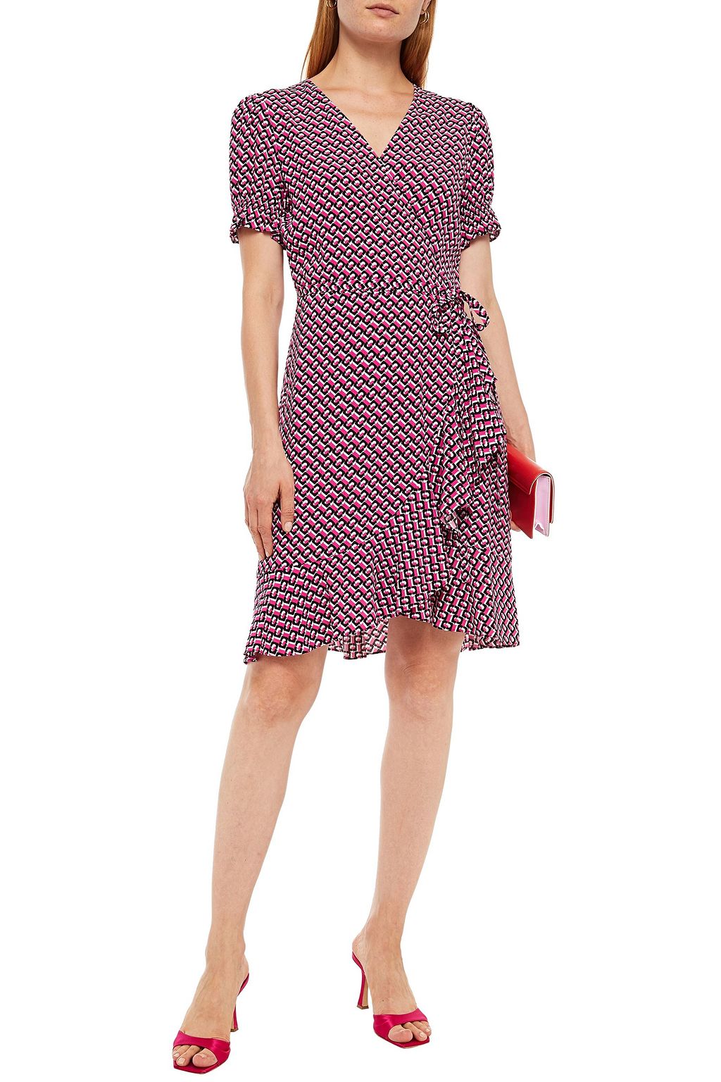 DIANE VON FURSTENBERG Ruffle-trimmed printed crepe mini wrap dress