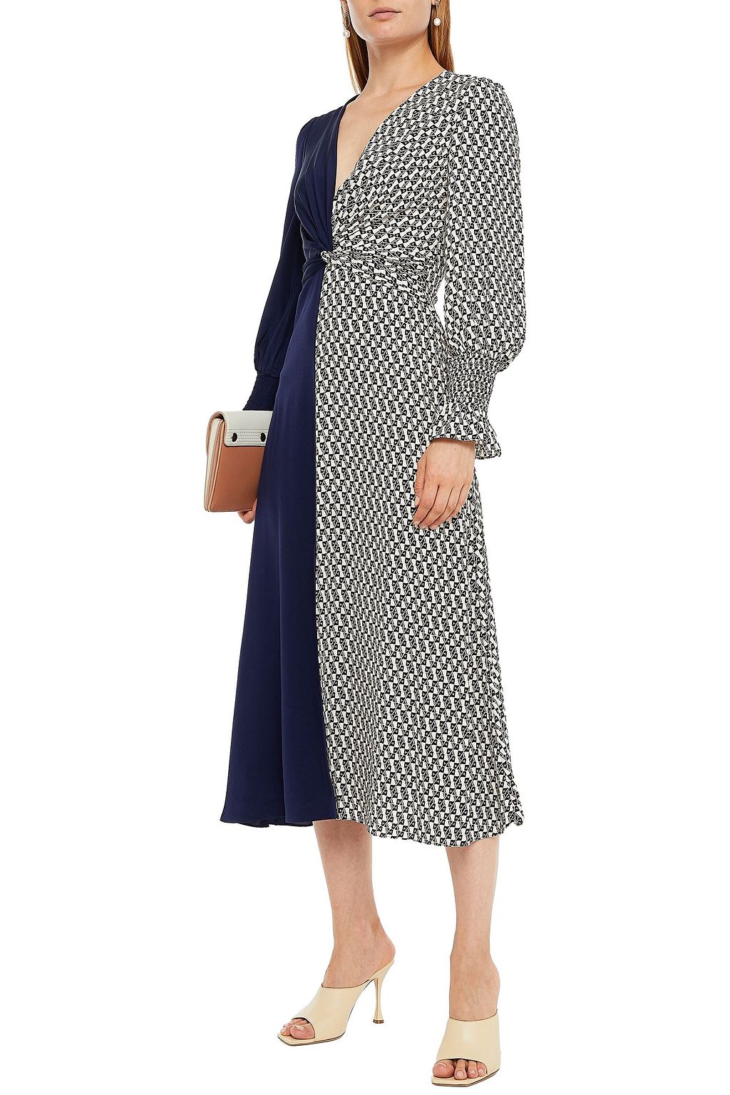 DIANE VON FURSTENBERG Paneled printed silk crepe de chine and crepe midi dress