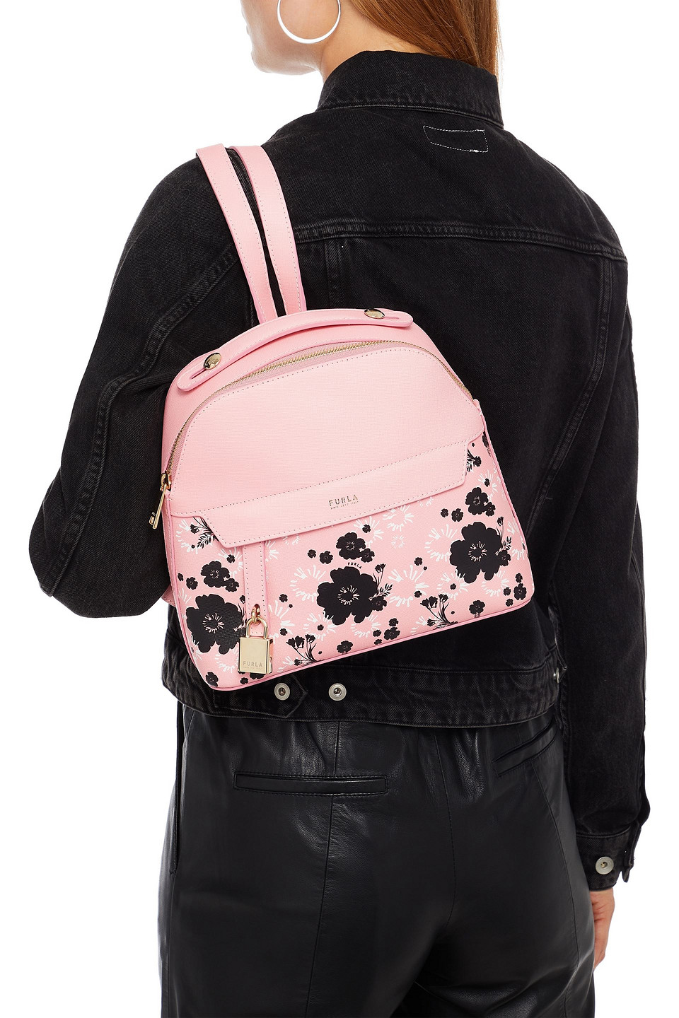 Furla Piper Floral-print Textured-leather Backpack In Pink