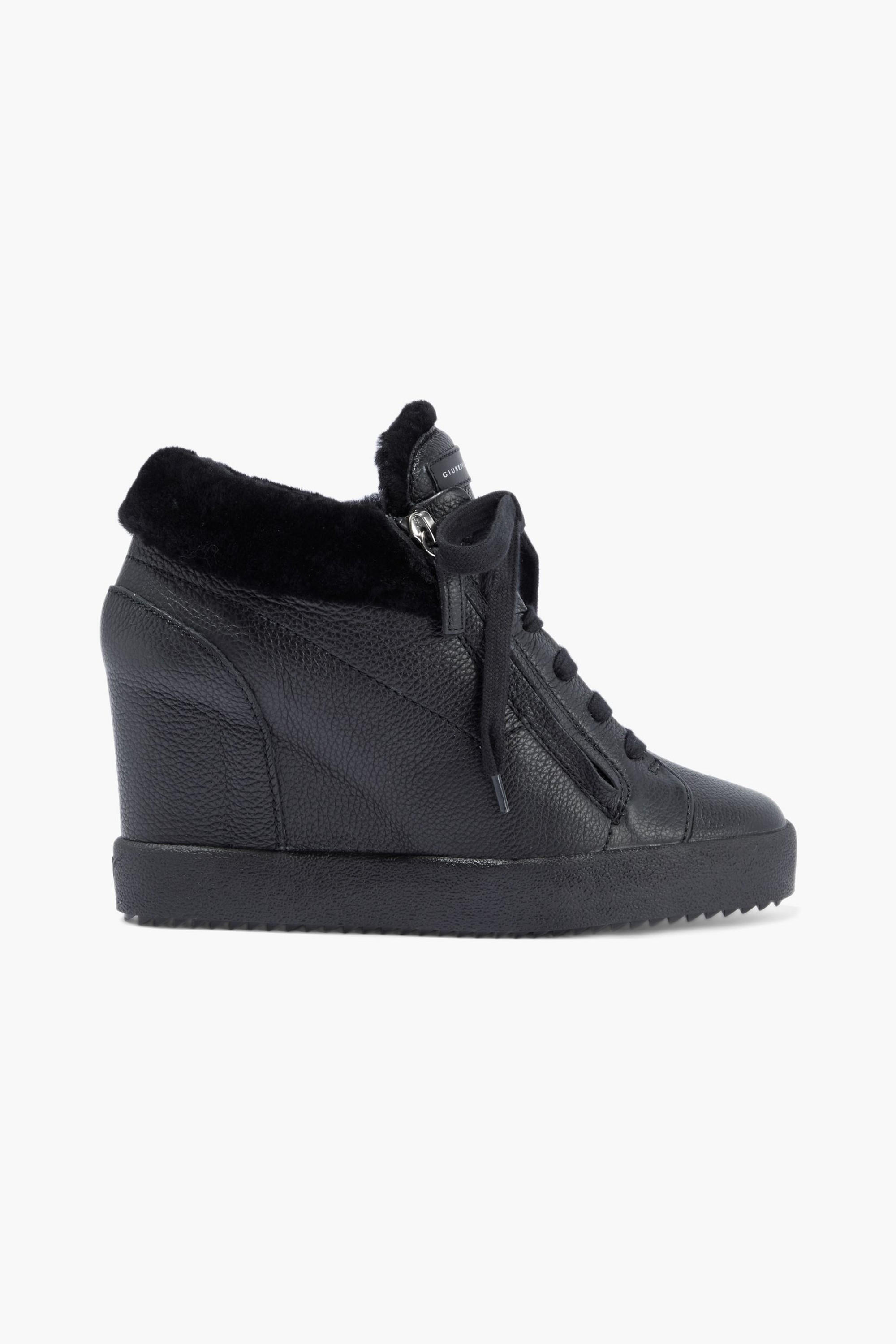 Giuseppe Zanotti Addy shearling-lined pebbled-leather wedge sneakers