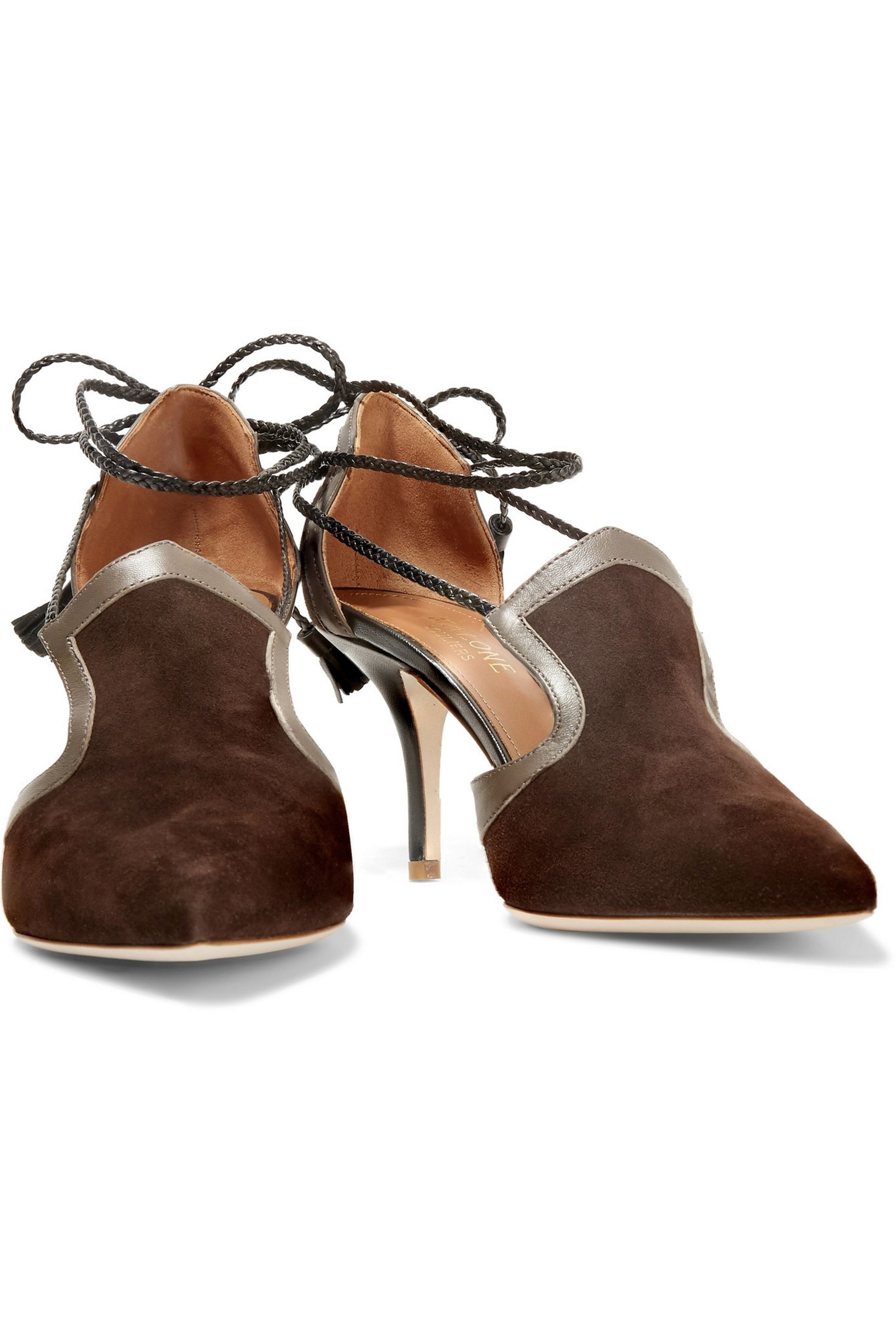 Malone Souliers Haji lace-up leather-trimmed suede pumps