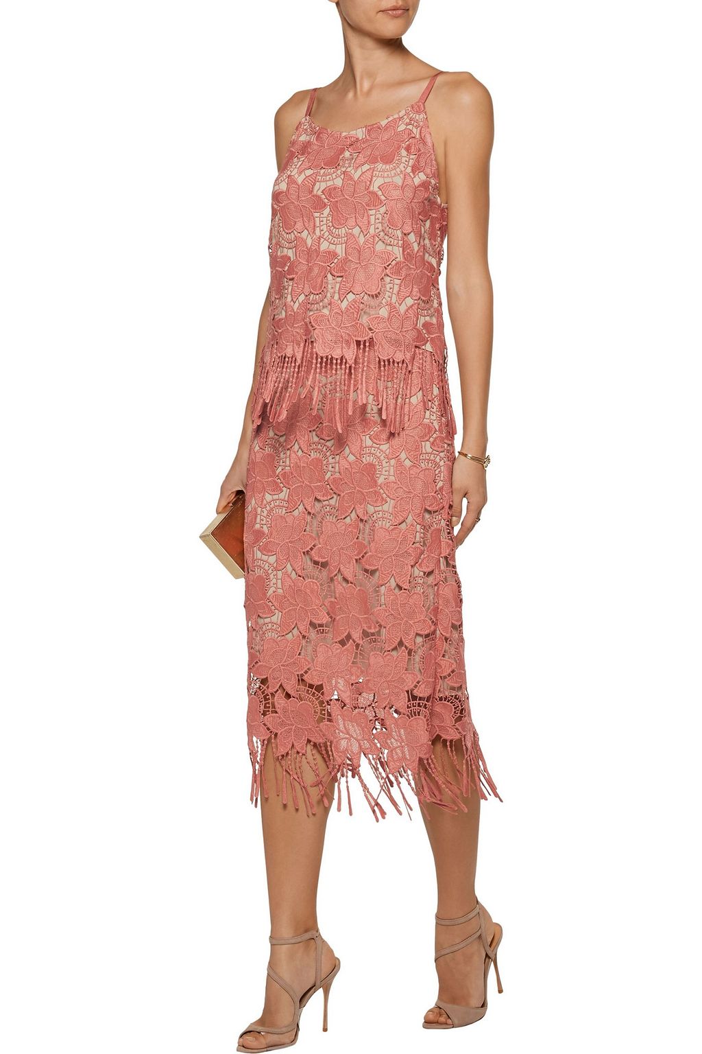 ALICE + OLIVIA Fringed guipure lace midi skirt