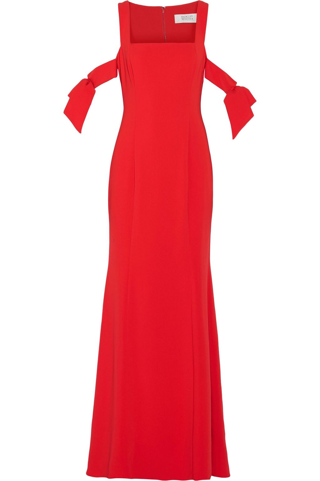 badgley mischka red cold shoulder gown