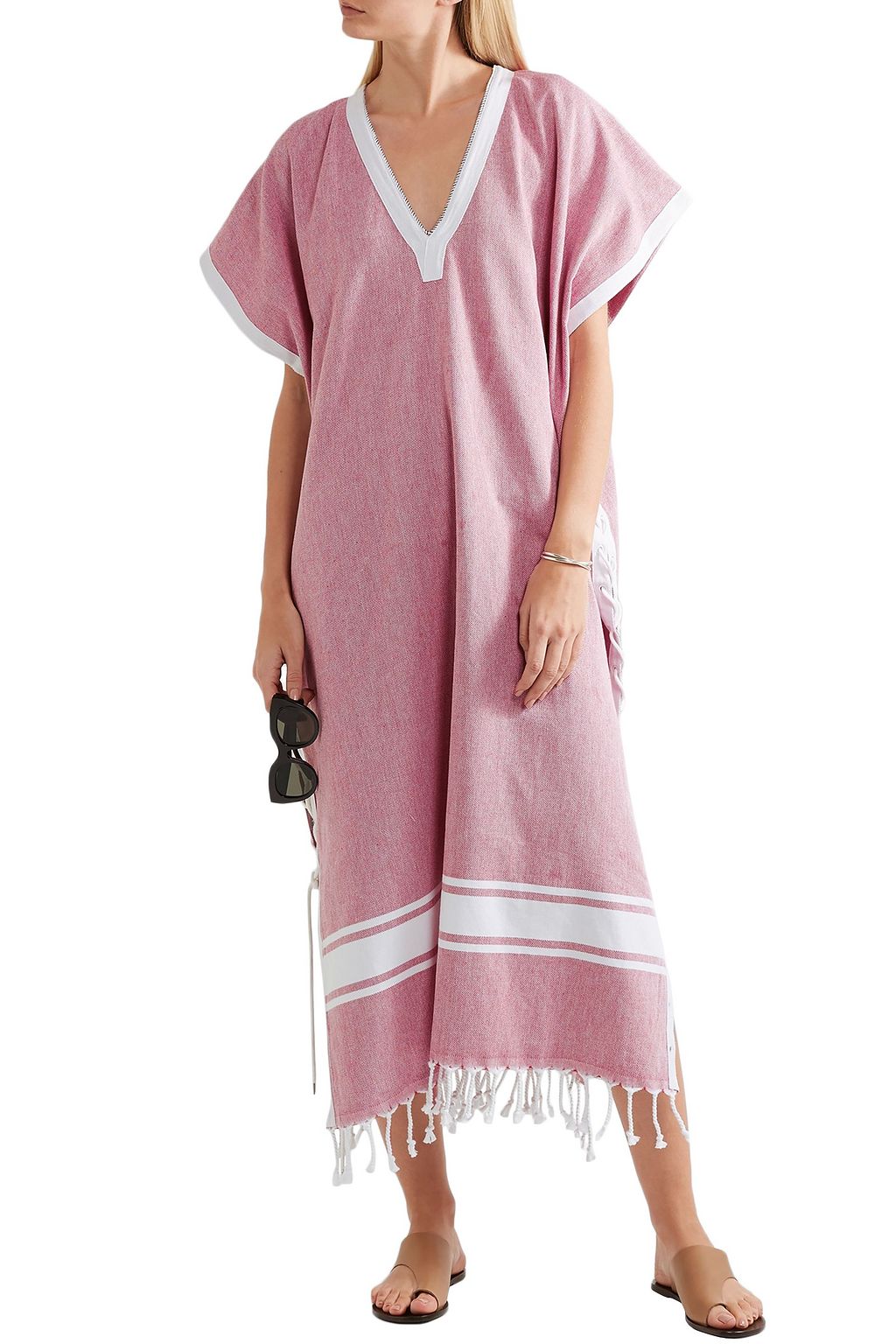 KOZA Riri lace-up fringe-trimmed cotton-chambray kaftan