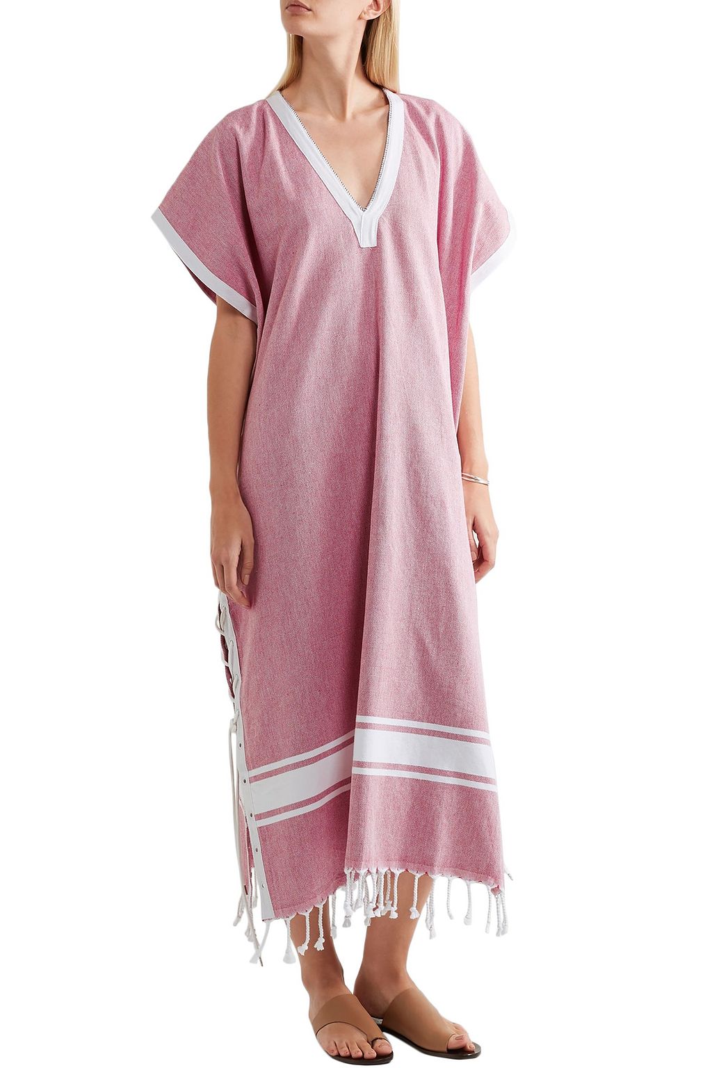 KOZA Riri lace-up fringe-trimmed cotton-chambray kaftan