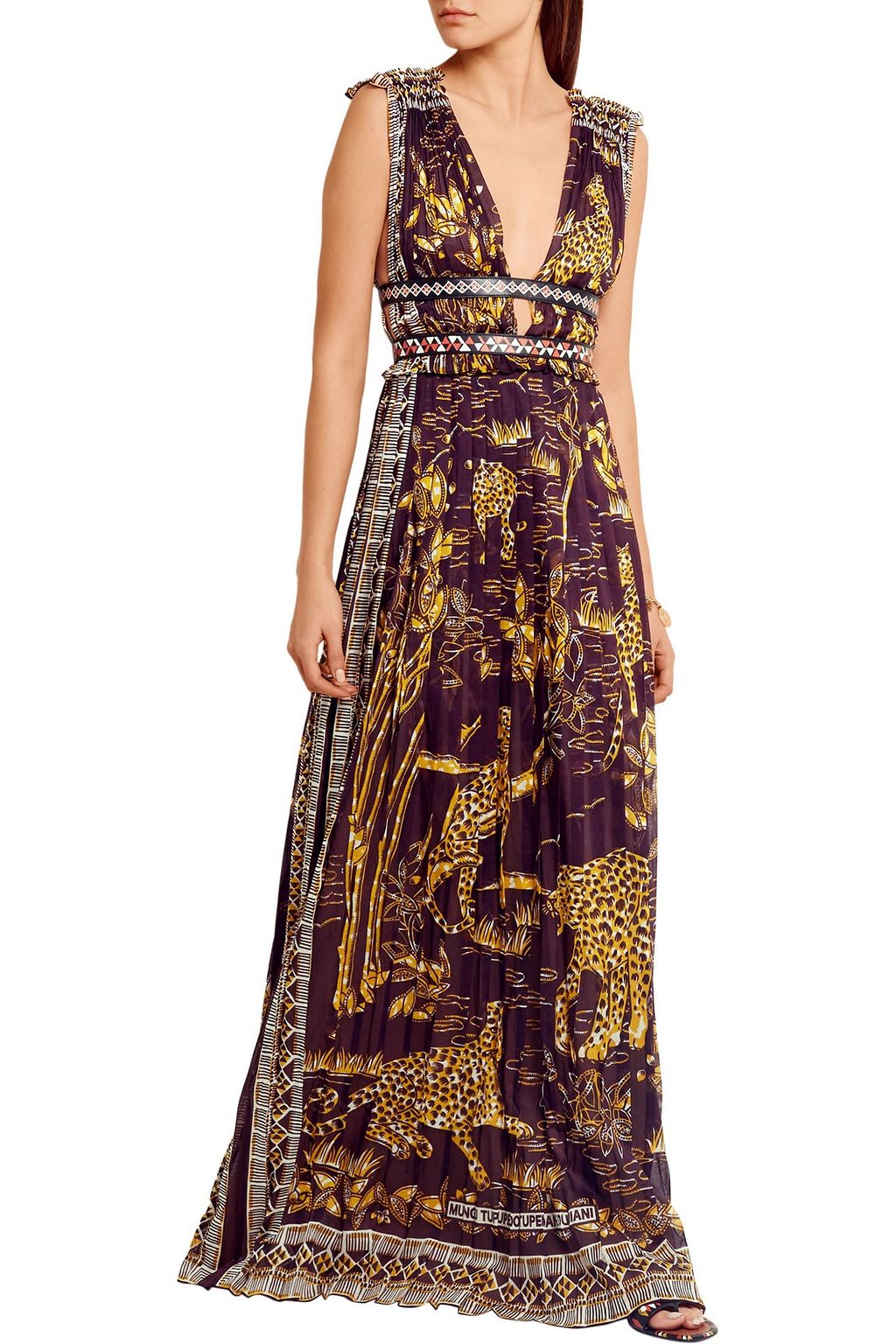 VALENTINO GARAVANI Leather-trimmed printed cotton gown