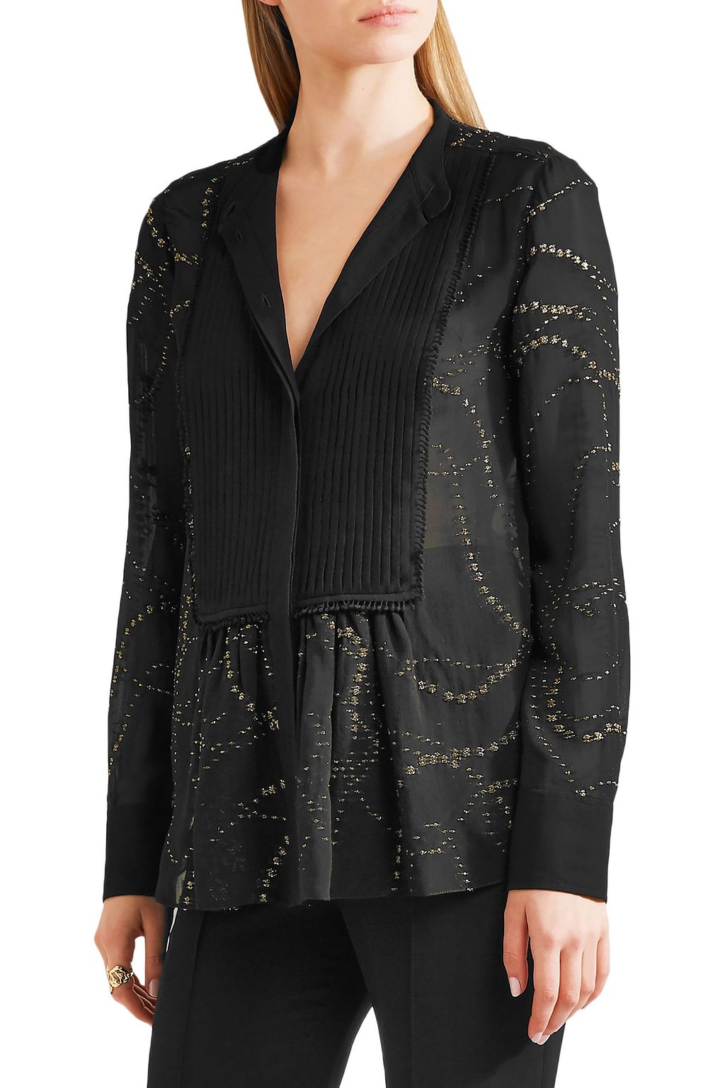 CHLOÉ Pintucked metallic fil coupé silk-chiffon blouse