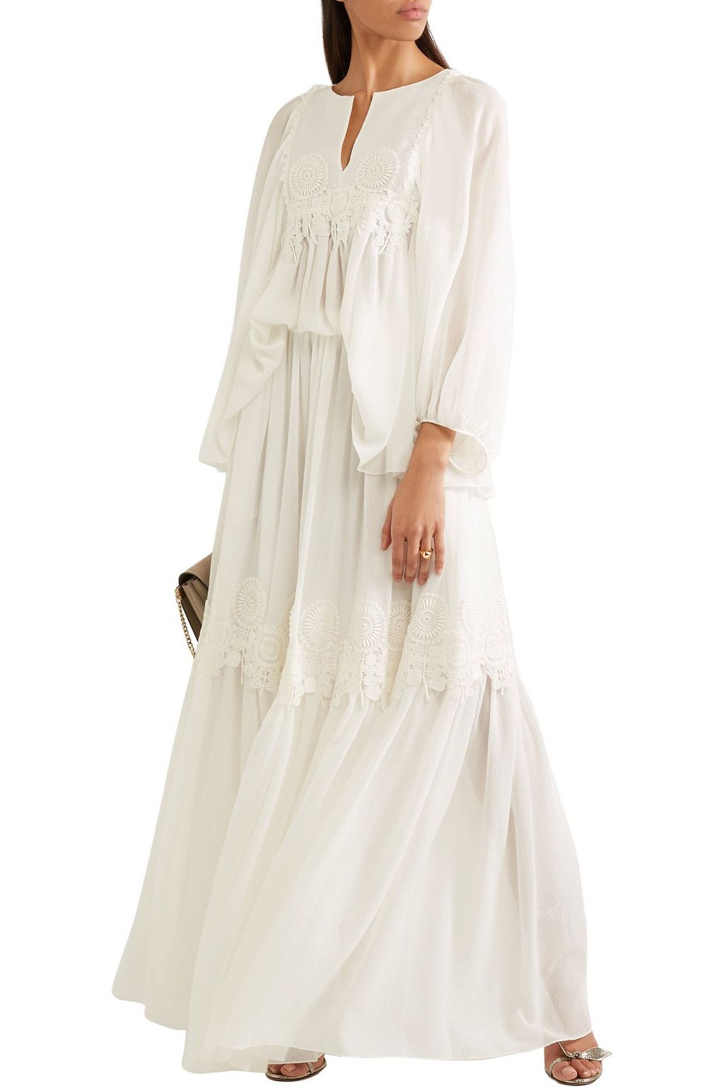 CHLOÉ Guipure lace-trimmed stretch-silk mousseline maxi skirt