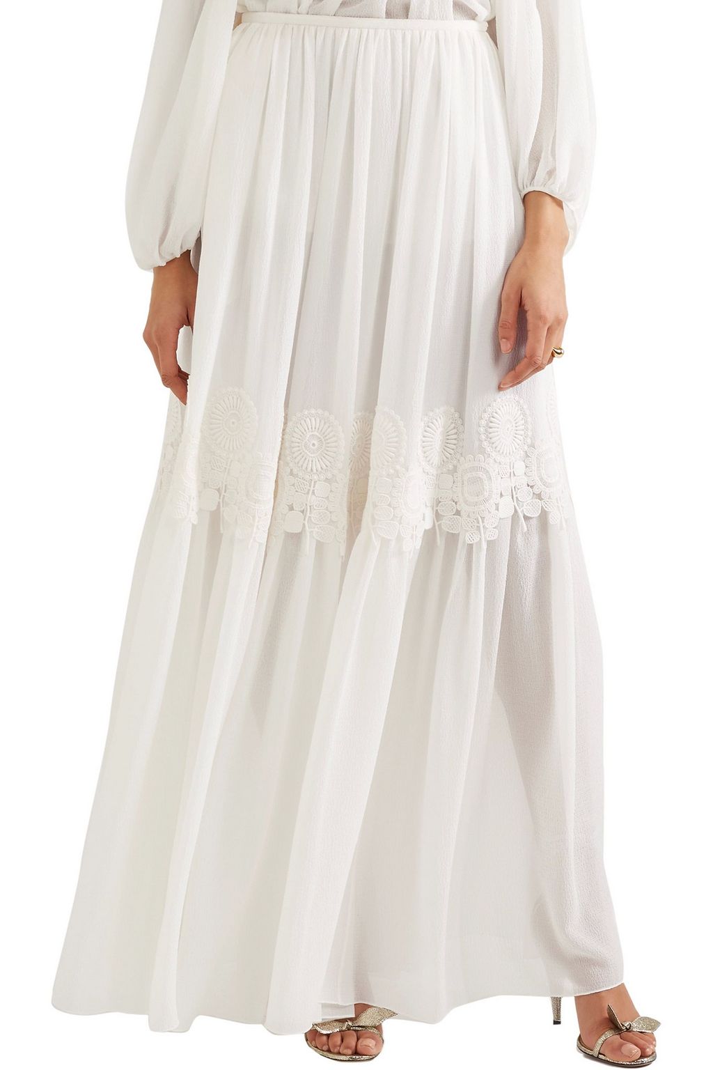 CHLOÉ Guipure lace-trimmed stretch-silk mousseline maxi skirt