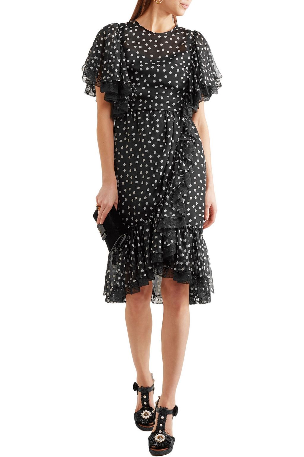 DOLCE&GABBANA Lace-trimmed polka-dot silk-blend chiffon dress