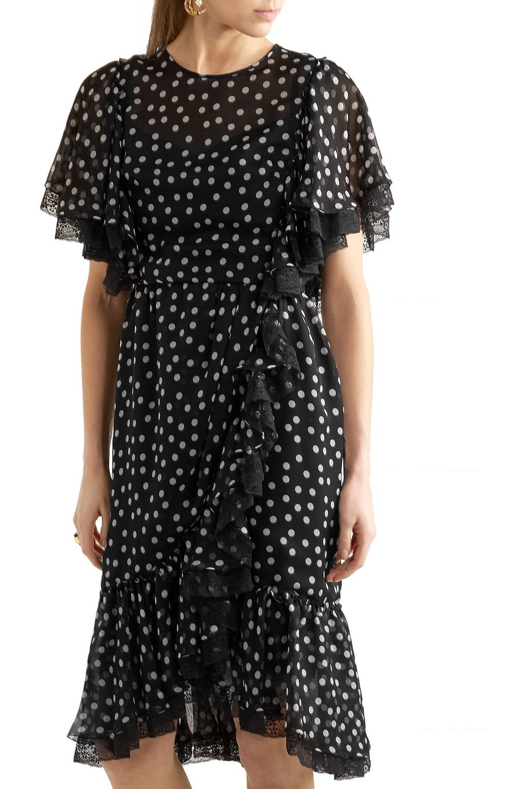 DOLCE&GABBANA Lace-trimmed polka-dot silk-blend chiffon dress