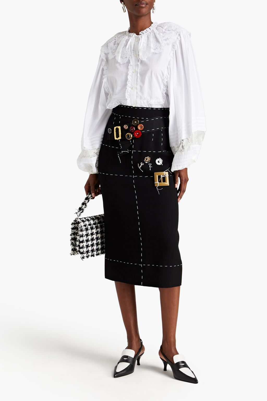 DOLCE&GABBANA 장식 & 탑스티치 디테일 코튼 미디 펜슬 스커트
