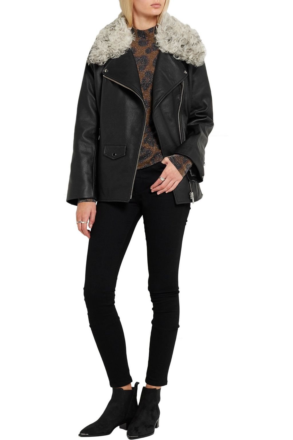 TOPSHOP UNIQUE Swinton shearling-trimmed textured-leather biker jacket