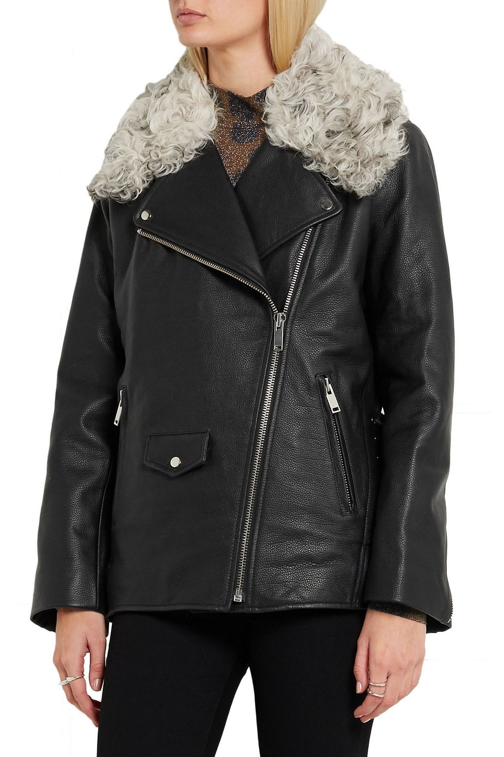 TOPSHOP UNIQUE Swinton shearling-trimmed textured-leather biker jacket