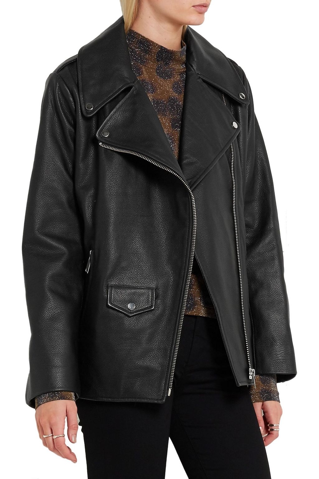 TOPSHOP UNIQUE Swinton shearling-trimmed textured-leather biker jacket