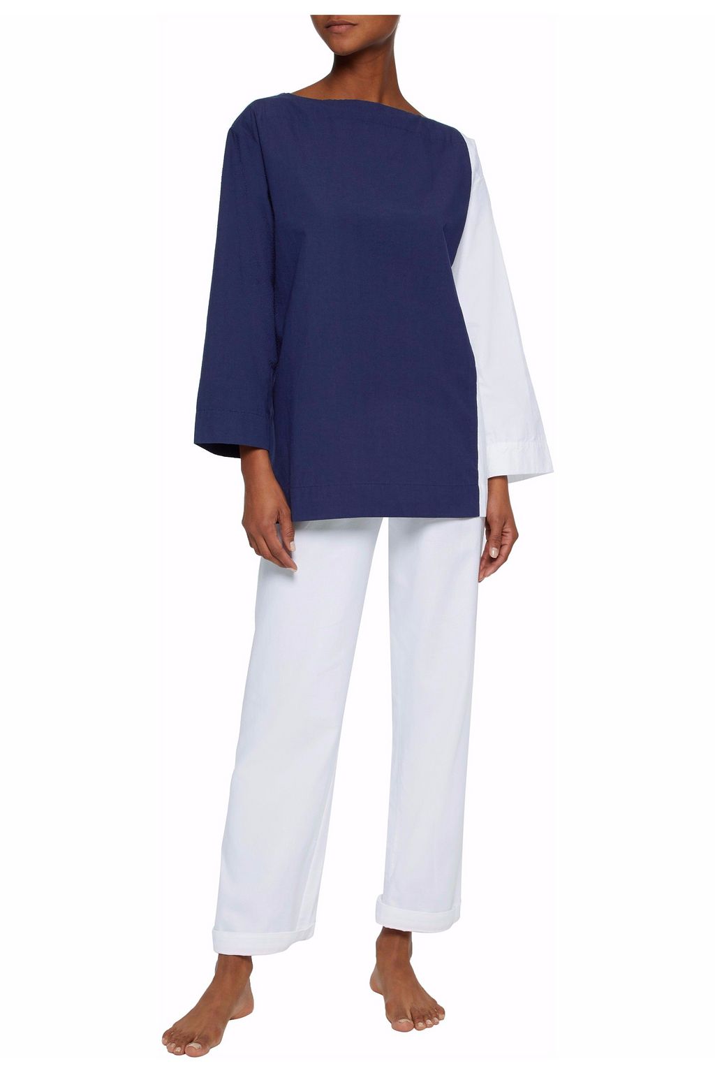 SLEEPY JONES Two-tone cotton-poplin pajama top