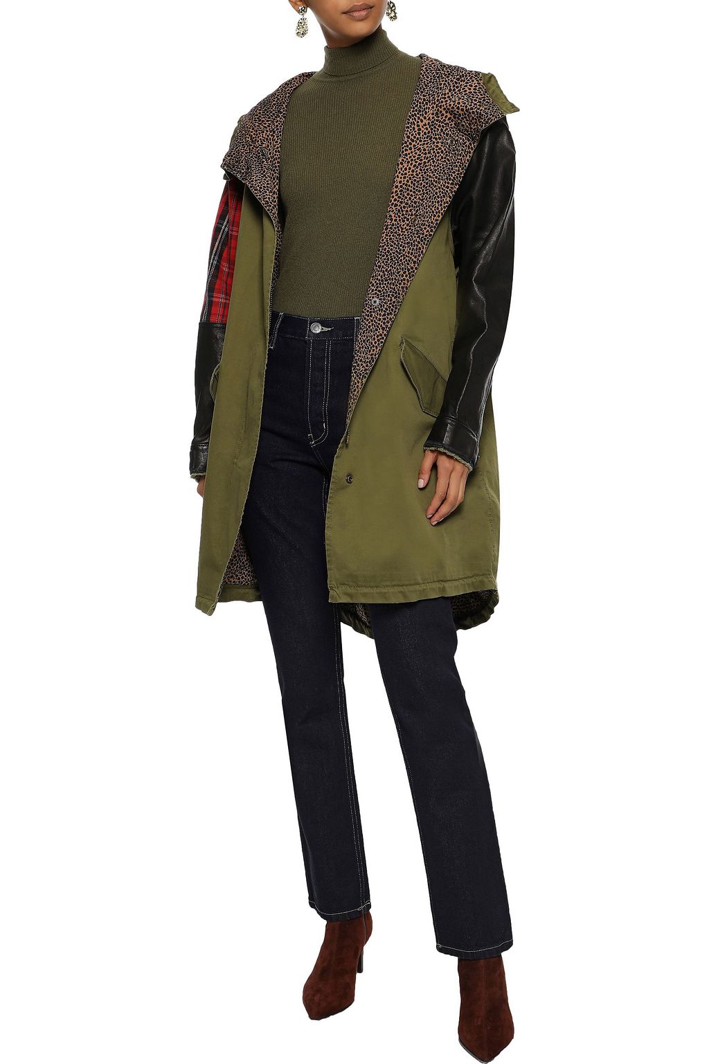 CURRENT/ELLIOTT The Harper leather and checked jacquard-paneled cotton-blend twill hooded parka
