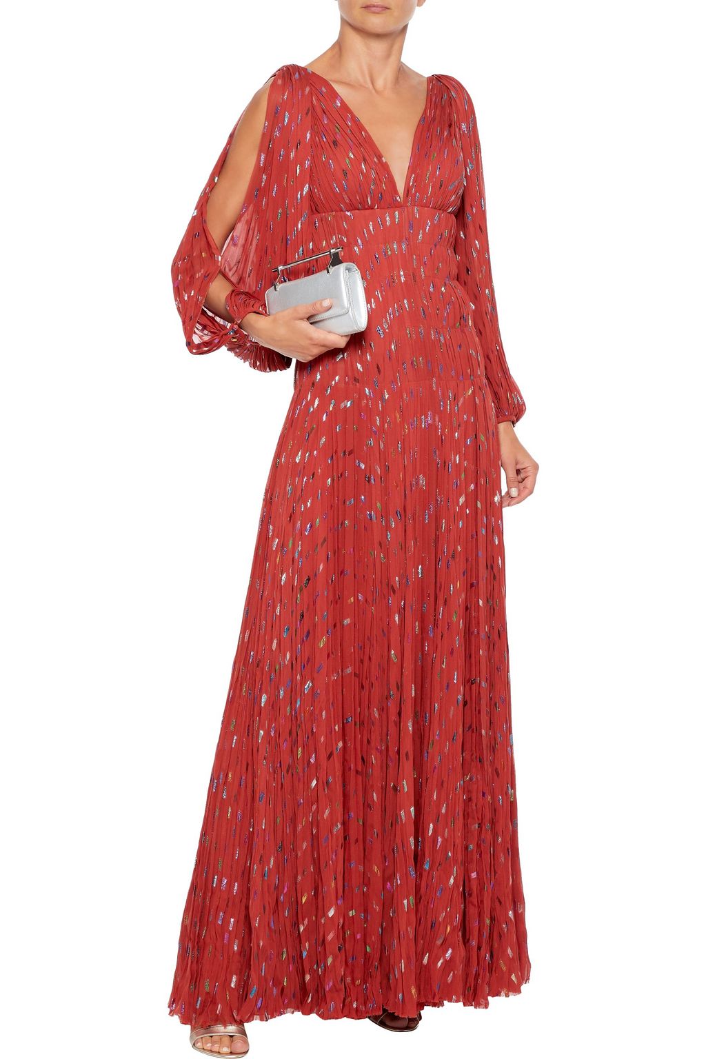 J.MENDEL Gathered metallic fil coupé silk-blend chiffon gown