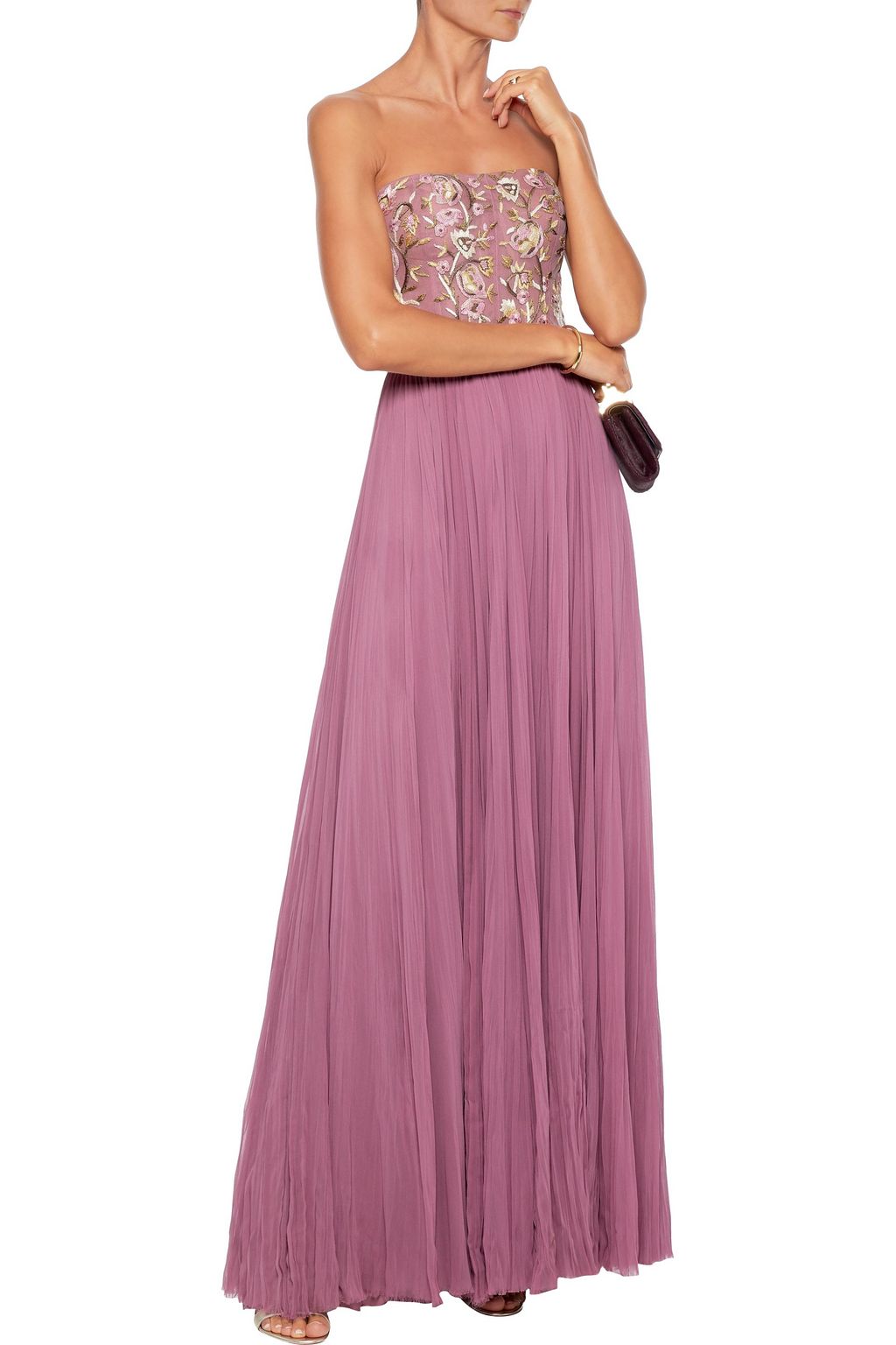 J.MENDEL Strapless embroidered tulle-paneled chiffon gown