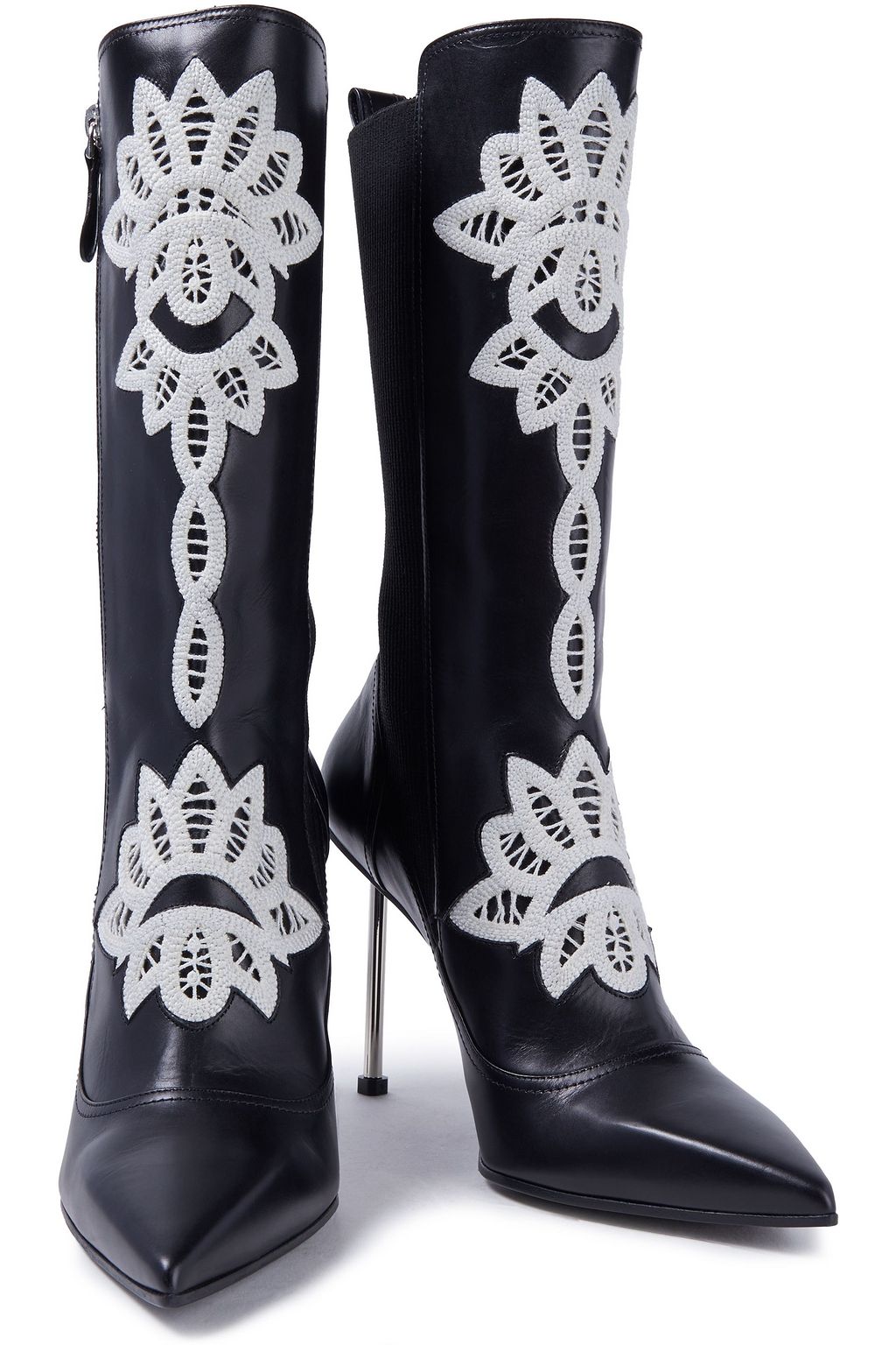 MCQUEEN Crocheted lace-trimmed leather ankle boots