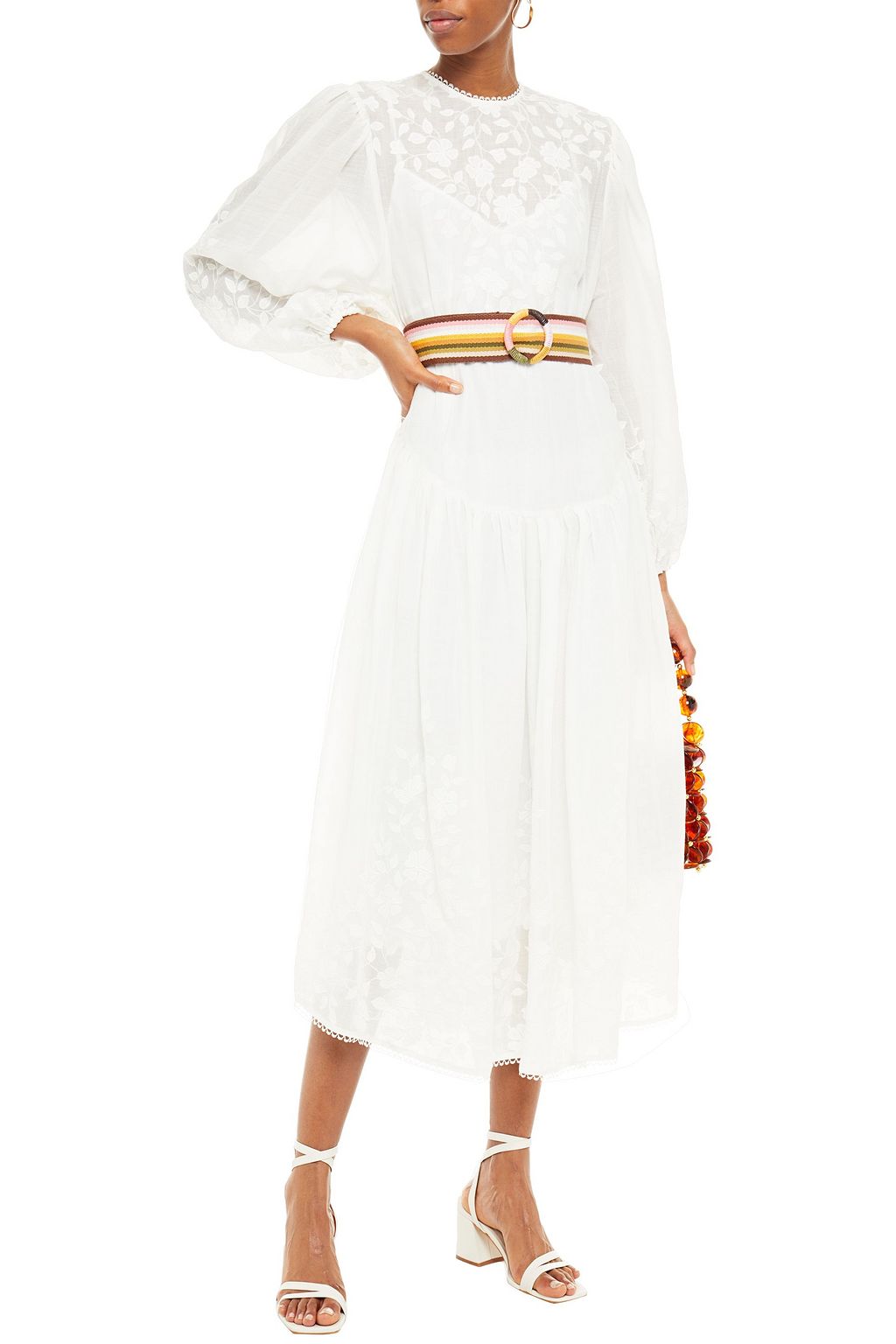 ZIMMERMANN Zinnia belted embroidered ramie-voile midi dress