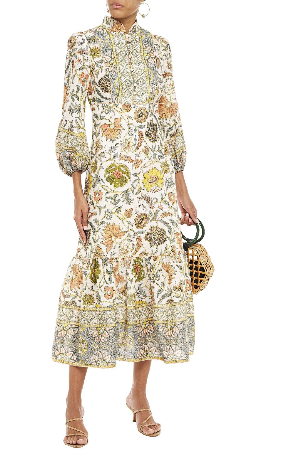 ZIMMERMANN Gathered floral-print linen midi dress