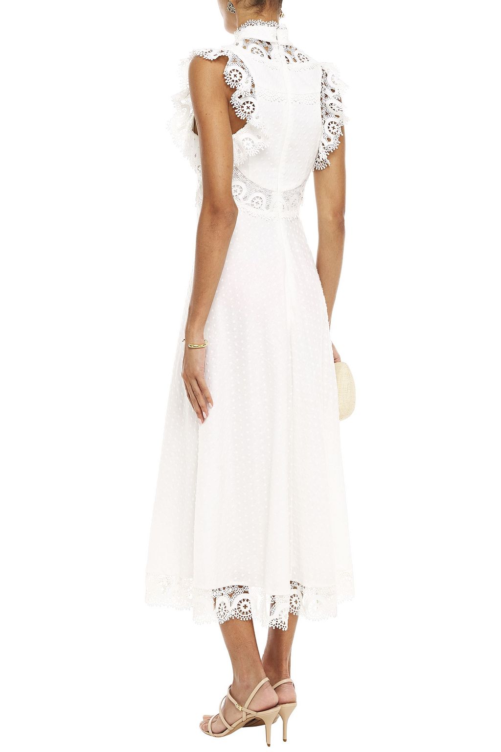 ZIMMERMANN Guipure lace-trimmed Swiss-dot linen and cotton-blend midi dress