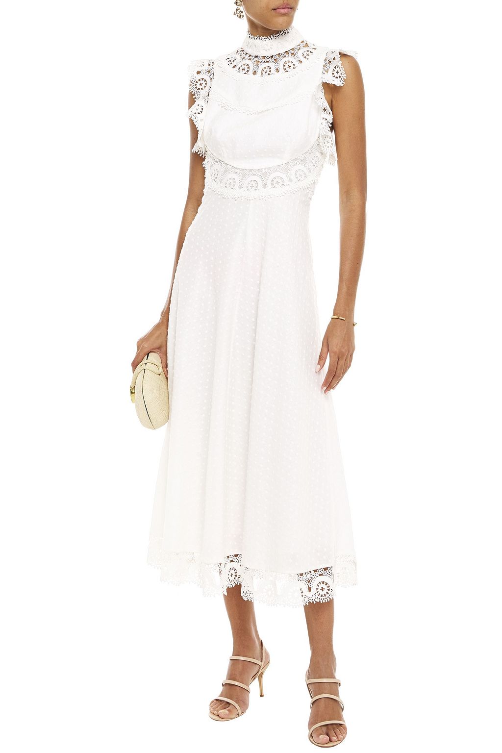 ZIMMERMANN Guipure lace-trimmed Swiss-dot linen and cotton-blend midi dress
