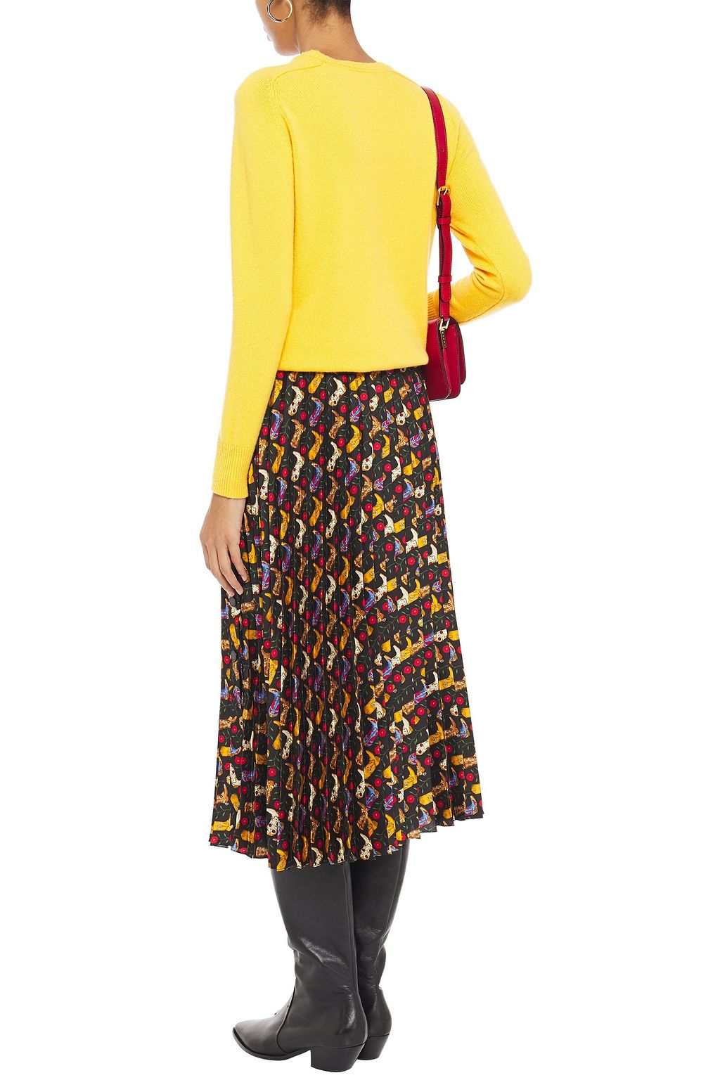 SANDRO Pleated printed satin-twill midi skirt