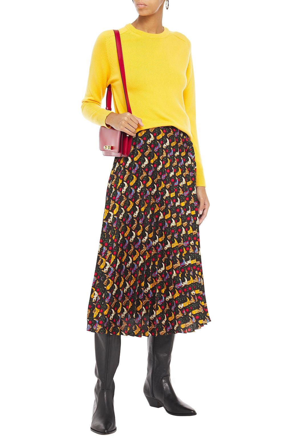 SANDRO Pleated printed satin-twill midi skirt