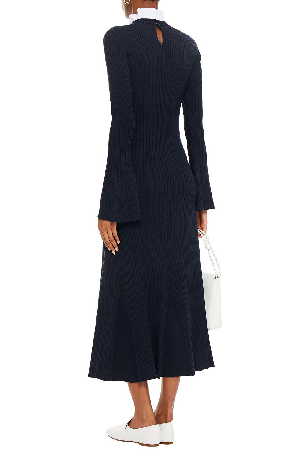 SANDRO Rony pleated poplin-trimmed ribbed-knit midi dress