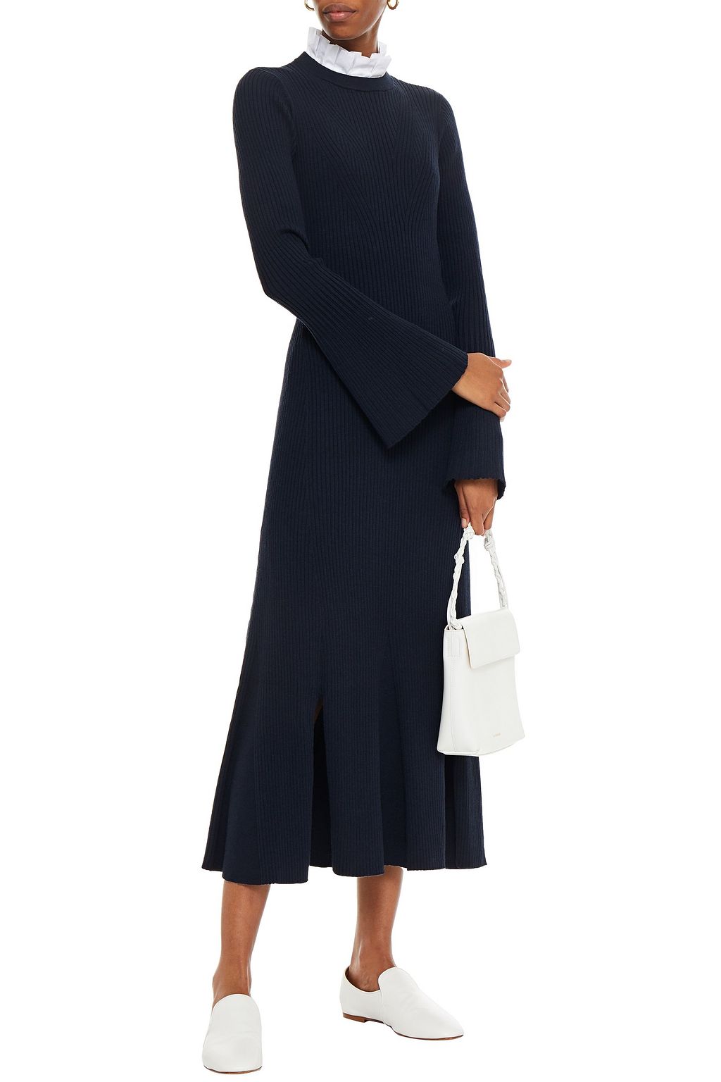 SANDRO Rony pleated poplin-trimmed ribbed-knit midi dress