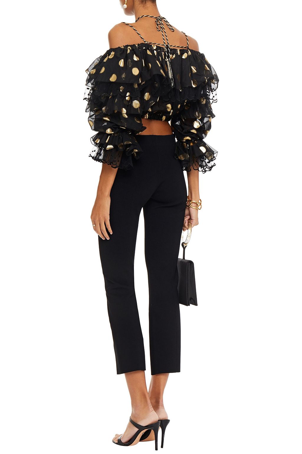 DUNDAS Cropped cold-shoulder metallic fil coupé silk-blend top