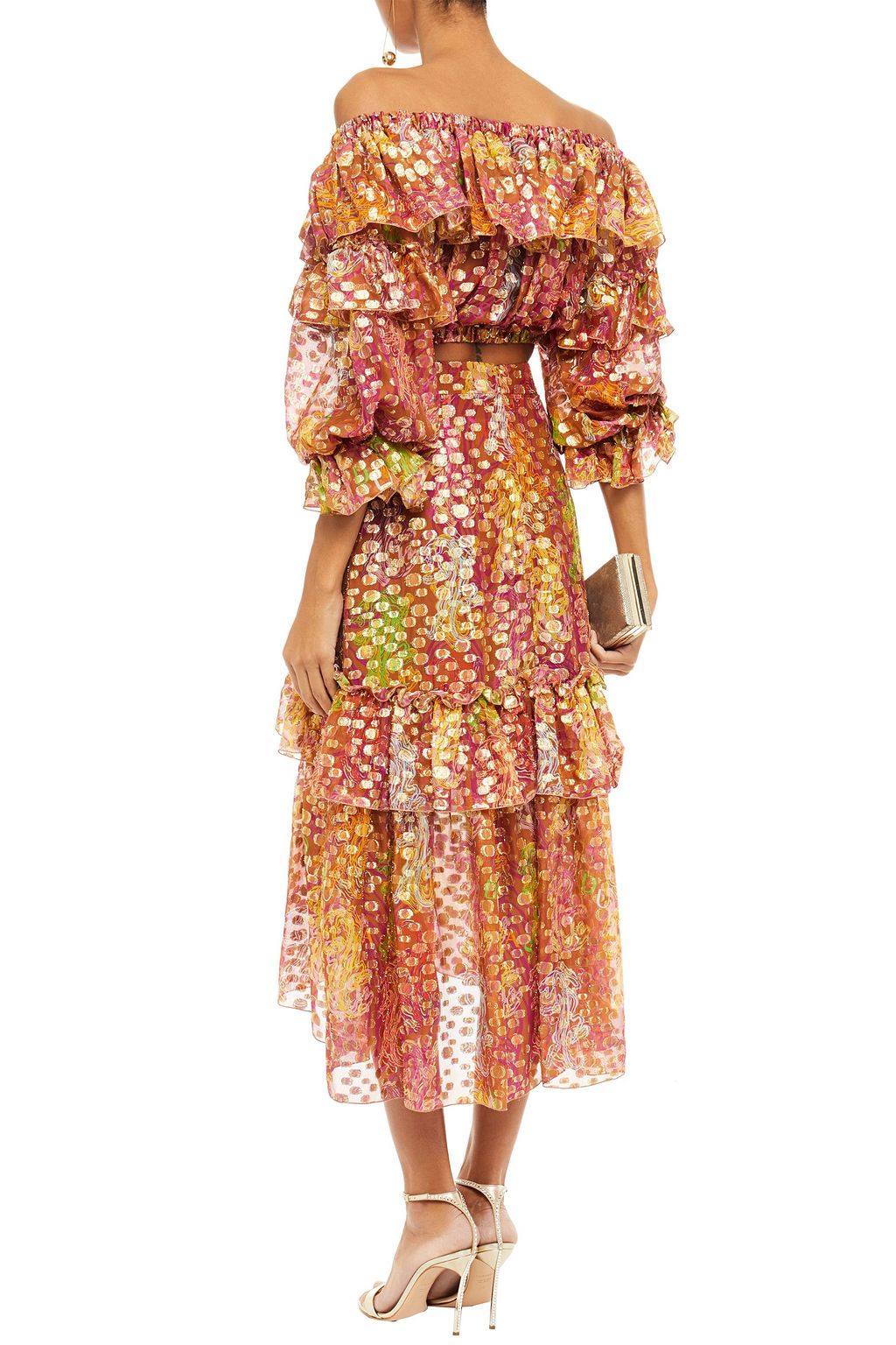 DUNDAS Off-the-shoulder metallic fil coupé printed silk-blend top