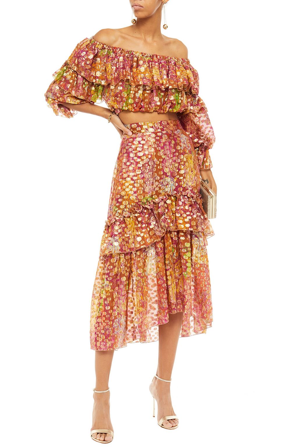 DUNDAS Off-the-shoulder metallic fil coupé printed silk-blend top