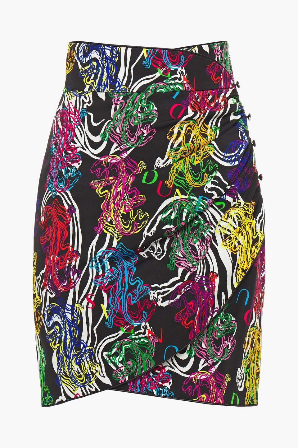 Dundas Woman Wrap-effect Printed Cotton-blend Faille Mini Skirt Black Size 36
